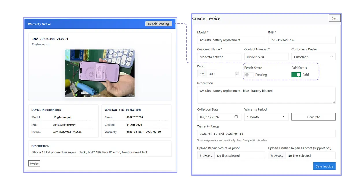 Repair status and paid status